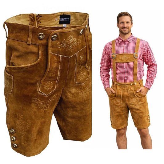 Genuine Short Leather Lederhosen made of Cowhide – "Bayern" Brown | Traditional Trachten Trousers for Men