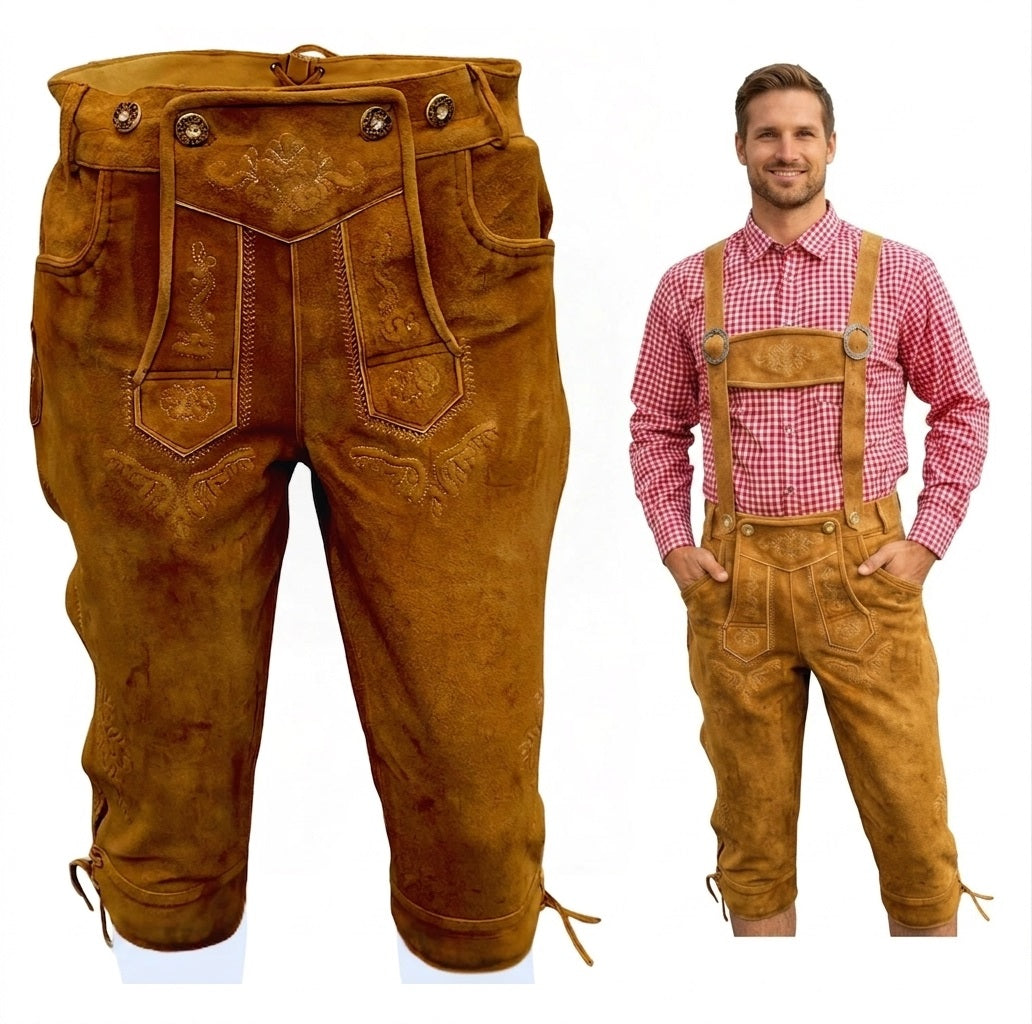 Echte lange Lederhose aus Rindsleder – “Bayern” Braun | Traditionelle Trachtenhose für Herren