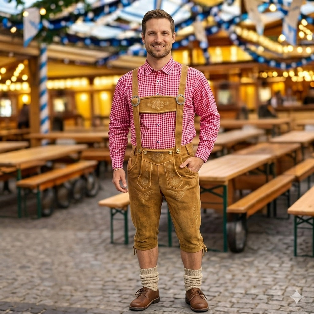 Echte lange Lederhose aus Rindsleder – “Bayern” Braun | Traditionelle Trachtenhose für Herren