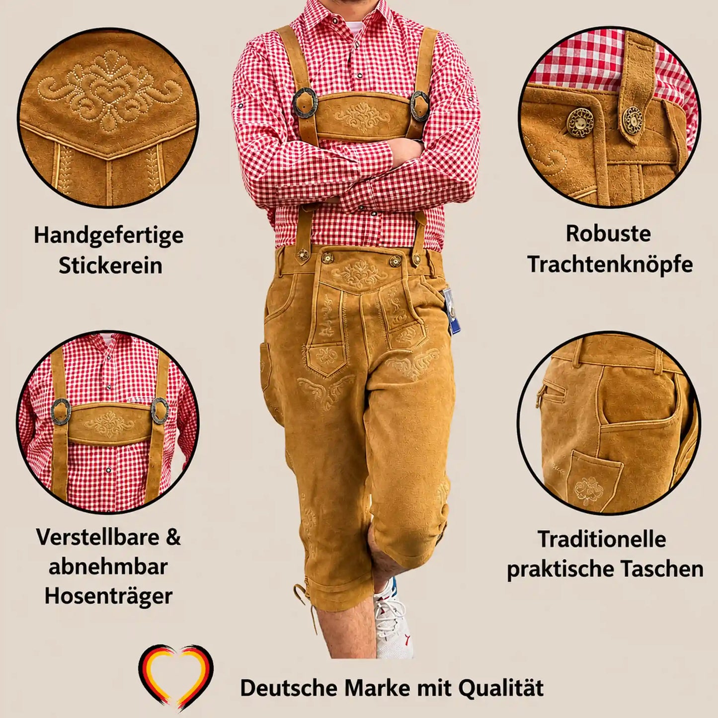 Echte lange leren lederhose van rundleer – “Bayern” bruin | Traditionele klederdrachtbroek voor heren