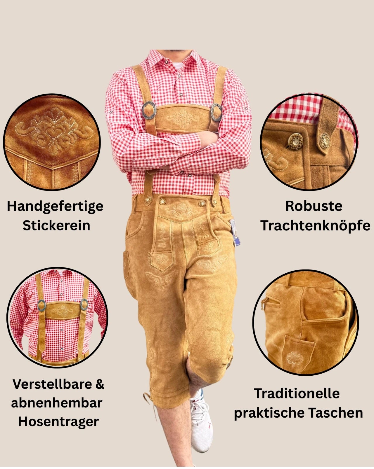 Echte lange Lederhose aus Rindsleder – “Bayern” Braun | Traditionelle Trachtenhose für Herren