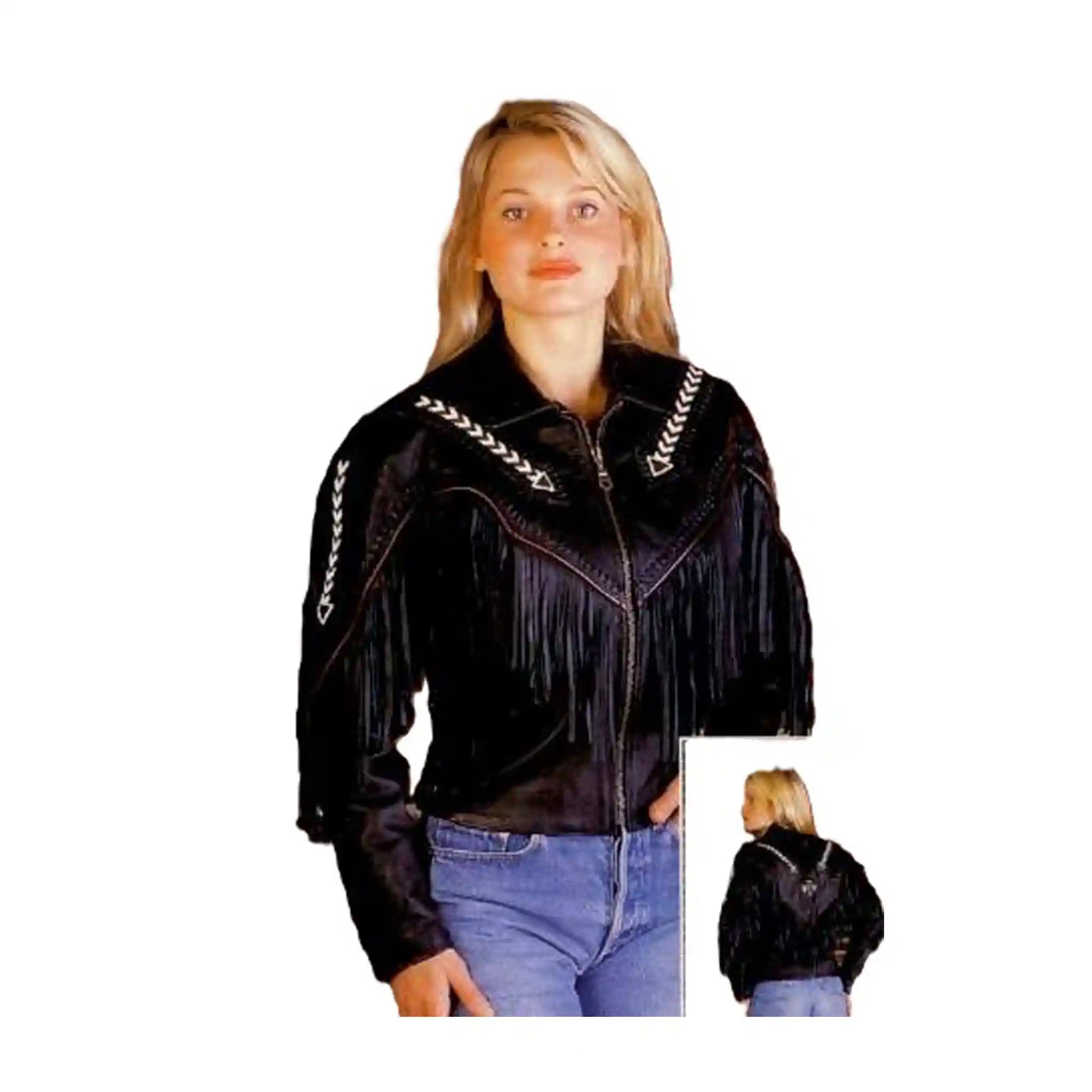 Western-Fransenjacke aus schwarzem Leder für Damen