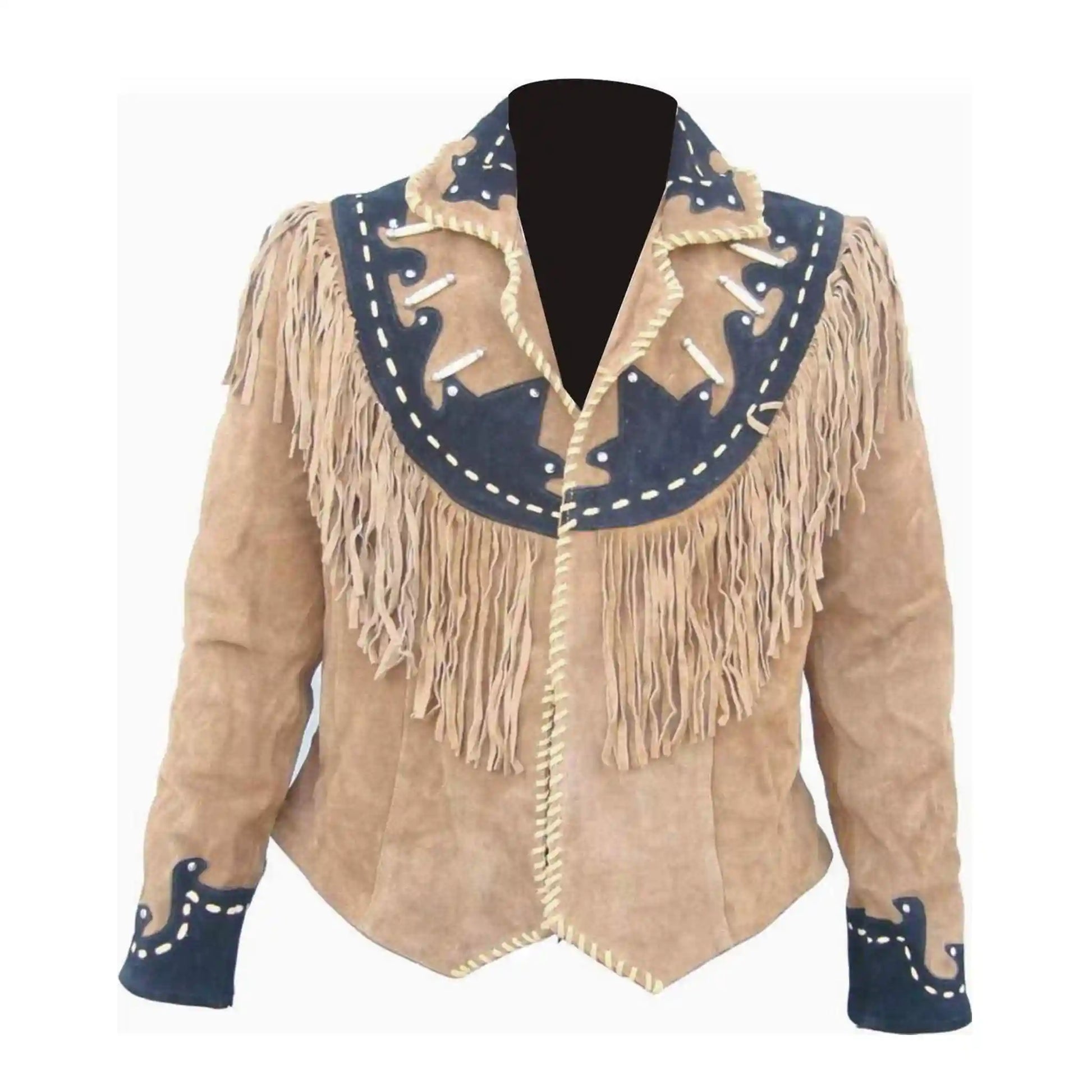 Western-Fransenjacke aus Wildleder in Beige & Marineblau für Damen