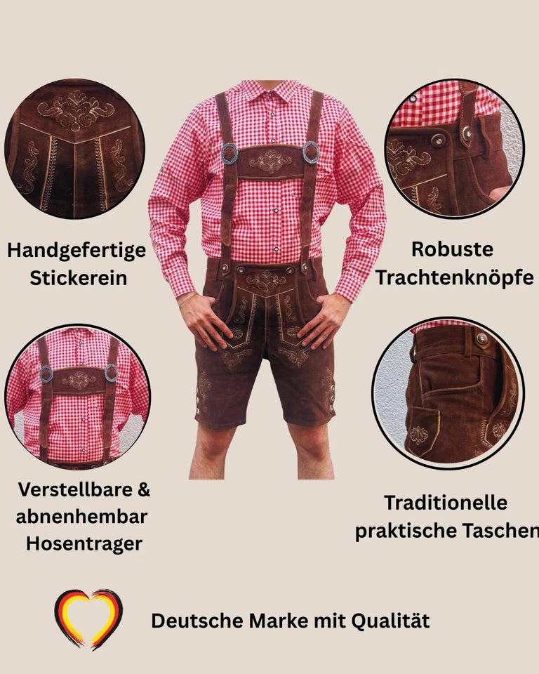 Echte Kurze Lederhose aus Rindsleder – “Bayern” Braun | Traditionelle Trachtenhose für Herren