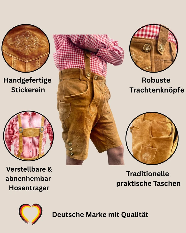 Echte Kurze Lederhose aus Rindsleder – “Bayern” Braun | Traditionelle Trachtenhose für Herren