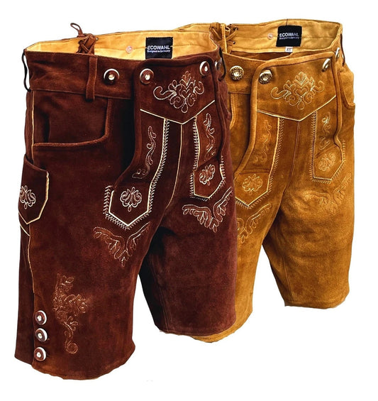 Genuine Short Leather Lederhosen made of Cowhide – "Bayern" Brown | Traditional Trachten Trousers for Men